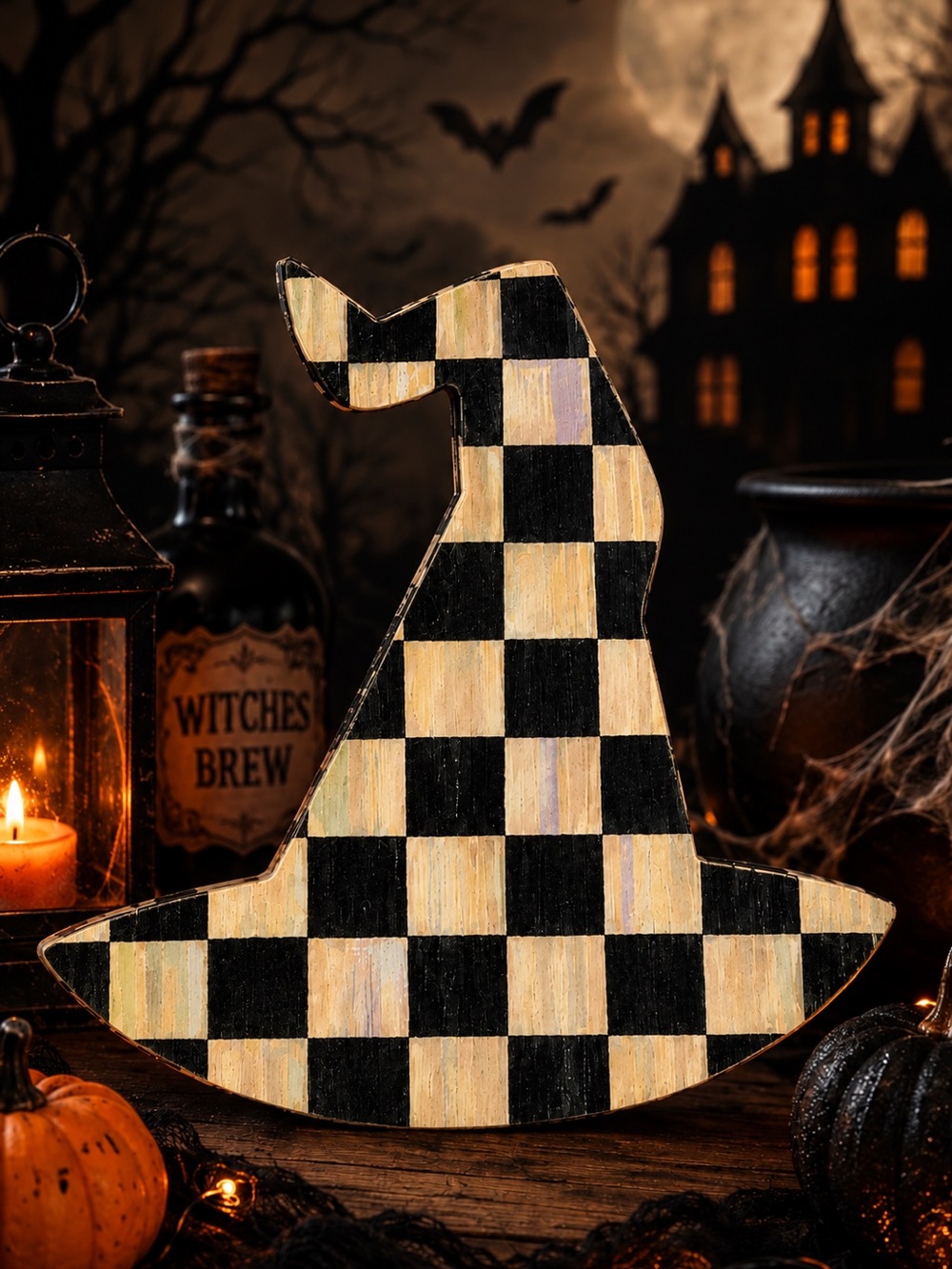 Hand Crafted Courtly Check Wood Witches Hat 8”